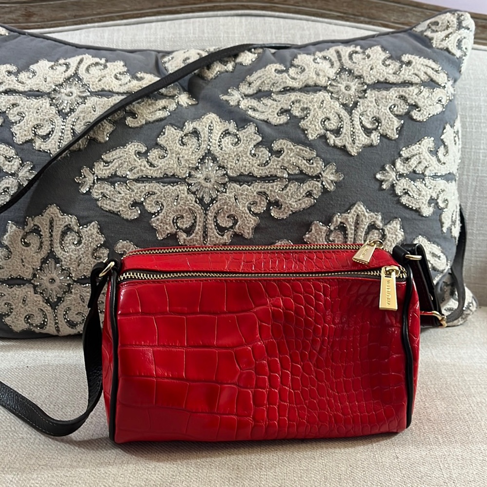 Valentina Made in Italy Red Croc Embossed Genuine Leather Cylindrical Crossbody